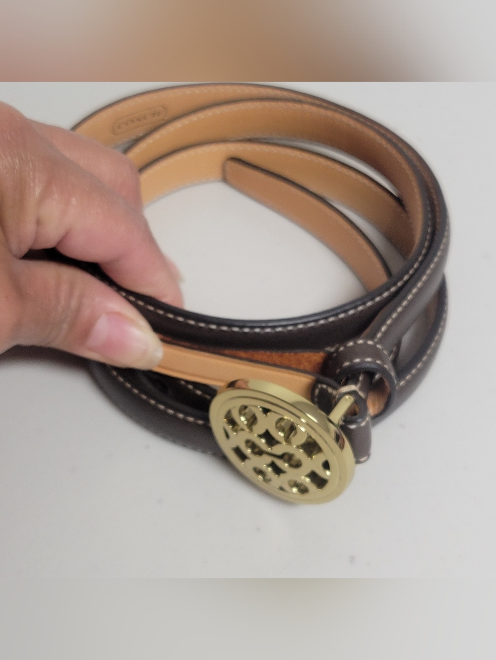 Coach New Mad Skinny LTH Belt 90151 GD/MA Large Brown Leather Belt. - Picture 2 of 9